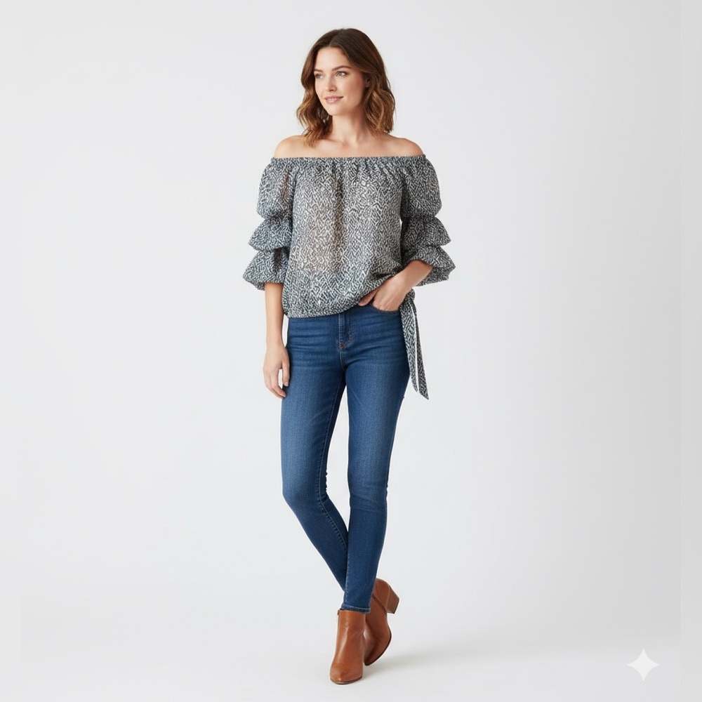 Cato Blue and White Ruffle Sleeve Blouse